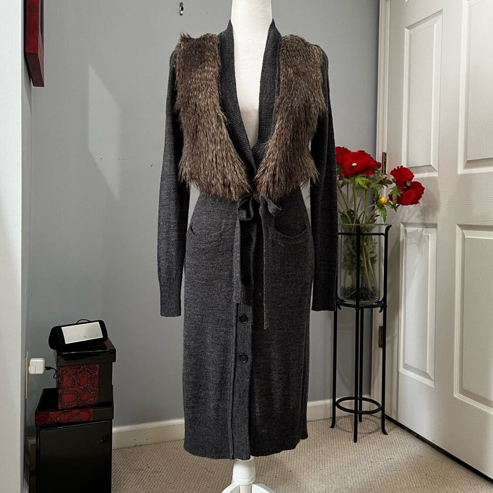 NEW Ann Taylor Wool Faux Fur Longline Belted Button Maxi Cardigan Sz XS NWT